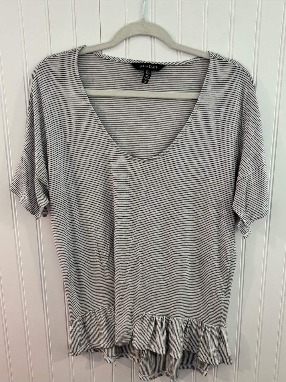 Ellen Tracy Black and White Striped Scoop Neck Ruffle Hem Tunic
